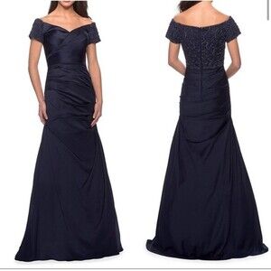NWOT La Femme | Navy Ruched Beaded Short-Sleeve Formal‎ Elegant Long Gown 8